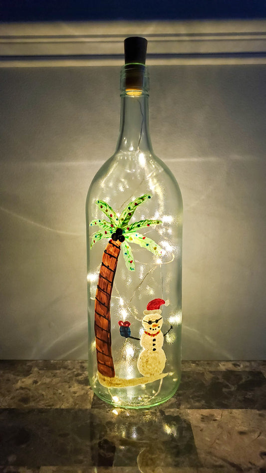 Snowman & Palm Tree Lighted Wine Bottle