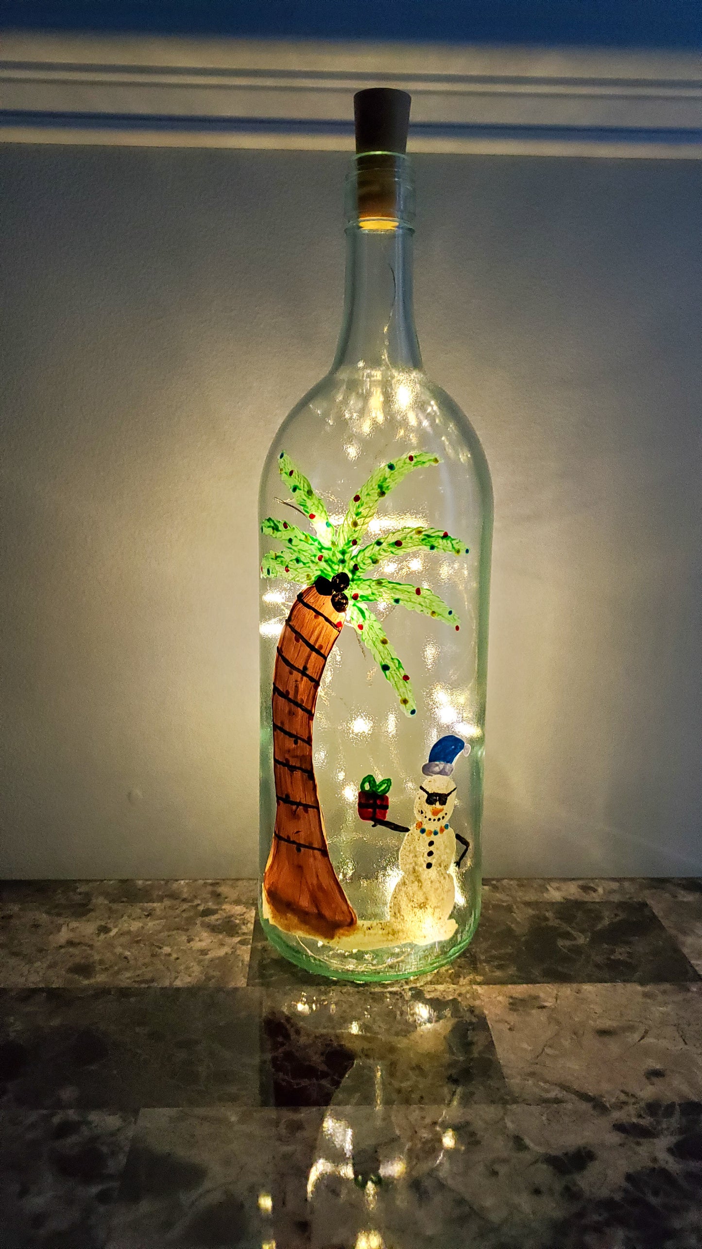 Snowman & Palm Tree Lighted Wine Bottle