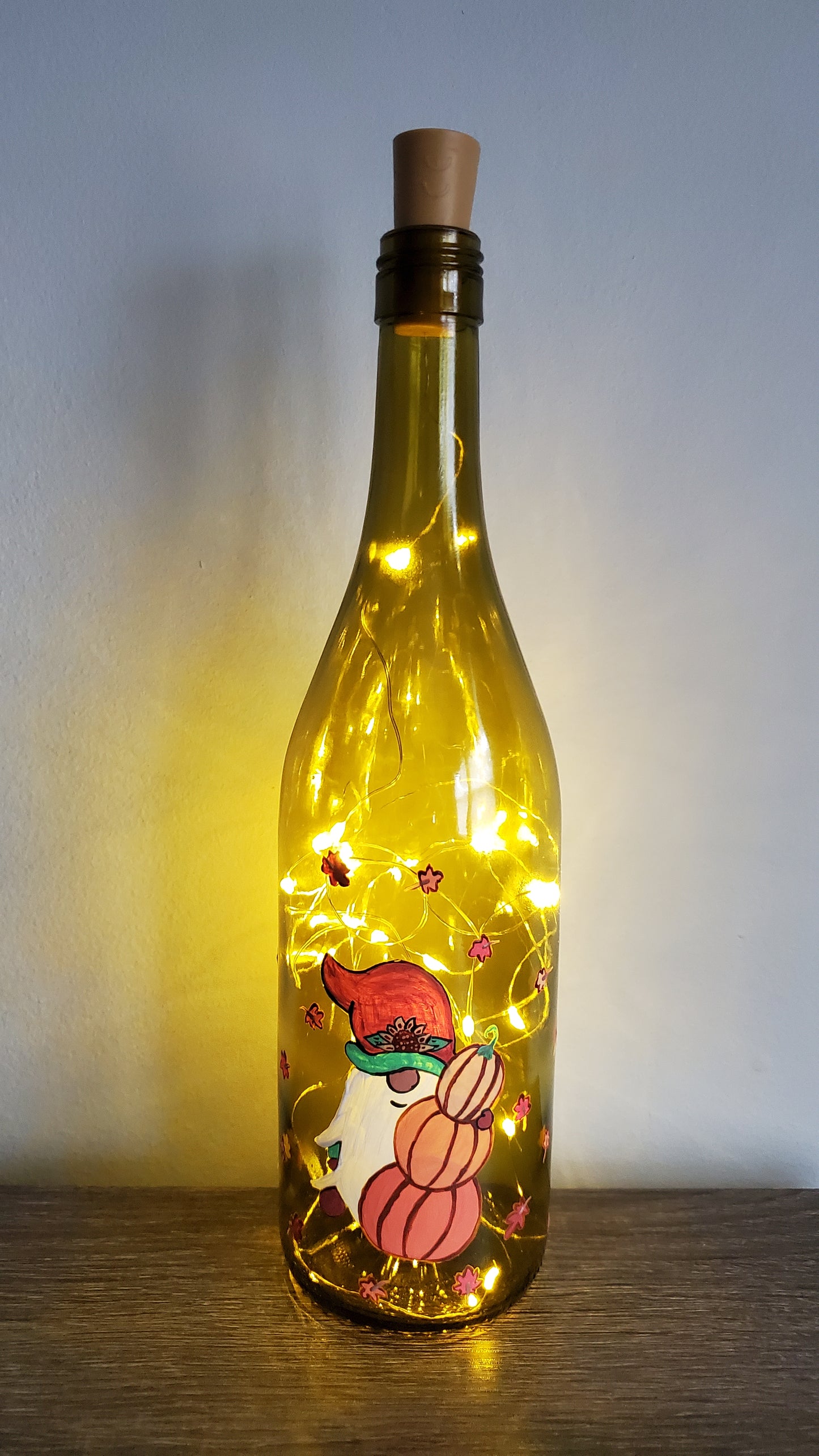 Autumn Gnome Lighted Wine Bottle
