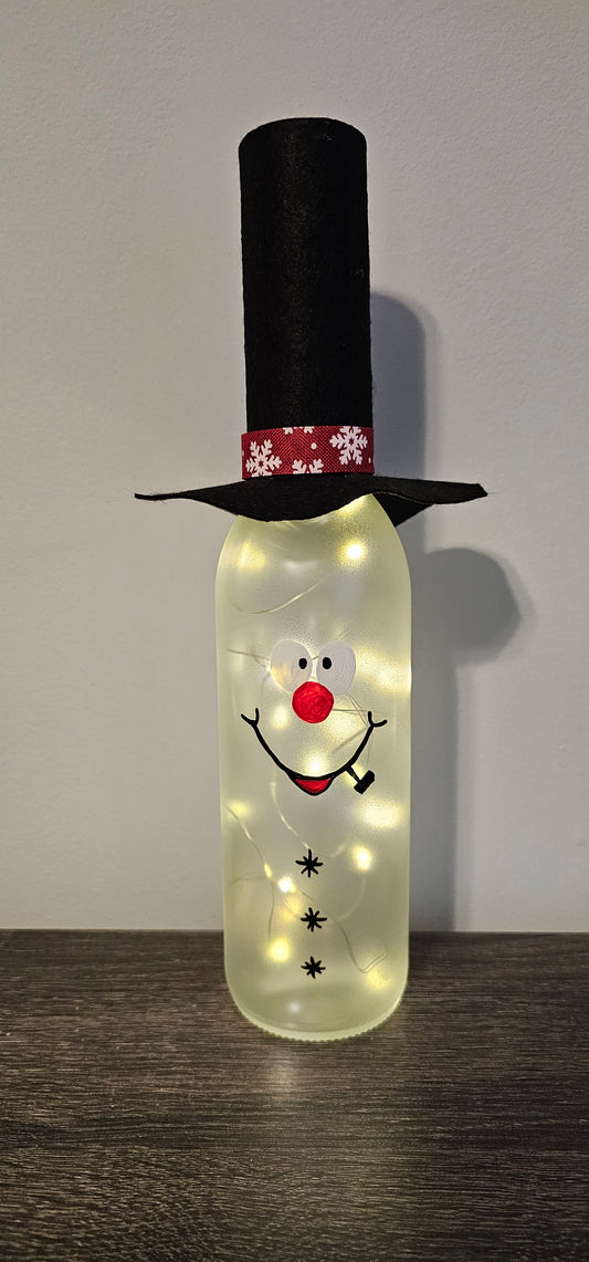 Hand Painted Lighted Snowman Wine Bottle