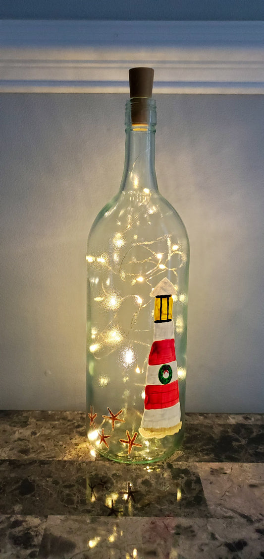 Lighthouse & Starfish Lighted Wine Bottle